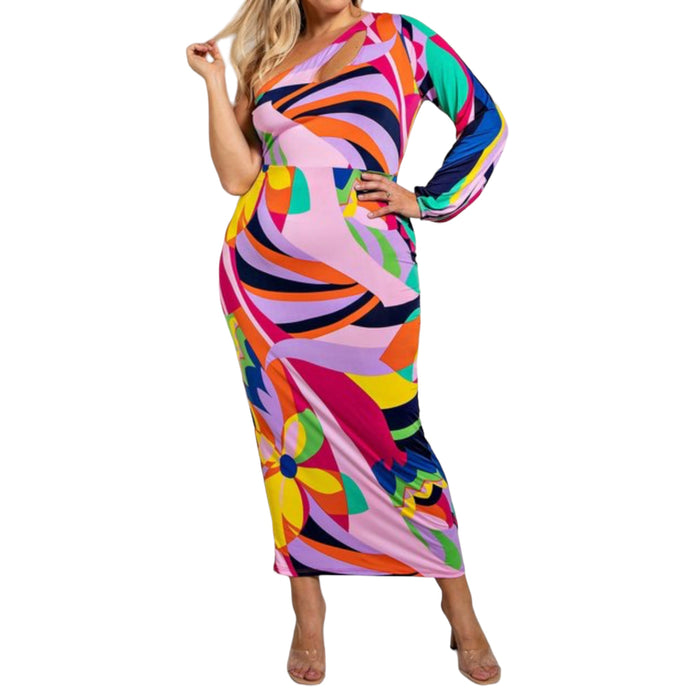 Women's Plus Multicolored One Shoulder Maxi Dress - autoentrysino 