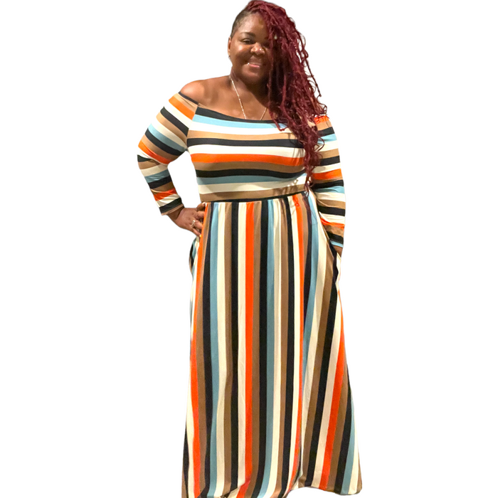 Women’s Plus Size Off The Shoulder Striped Maxi Dress - autoentrysino 